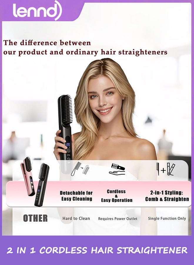 LENND Cordless Hair Straightener Brush - Curler 2 in 1 Hair Styling Tools，Portable Rechargeable Battery-Powered for Travel with 4 Temperature Settings， Removable for Easy Cleaning - Image 3