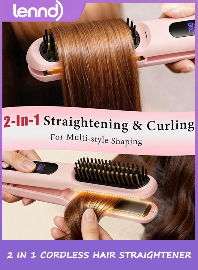 LENND Cordless Hair Straightener Brush - Curler 2 in 1 Hair Styling Tools，Portable Rechargeable Battery-Powered for Travel with 4 Temperature Settings， Removable for Easy Cleaning - Image 2