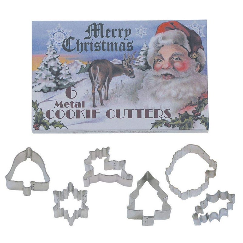 RM International Vintage Inspired Classic Christmas Cookie Cutters in Gift Box Santa Holly Bell Reindeer Snowflake Tree 6Piece Set
