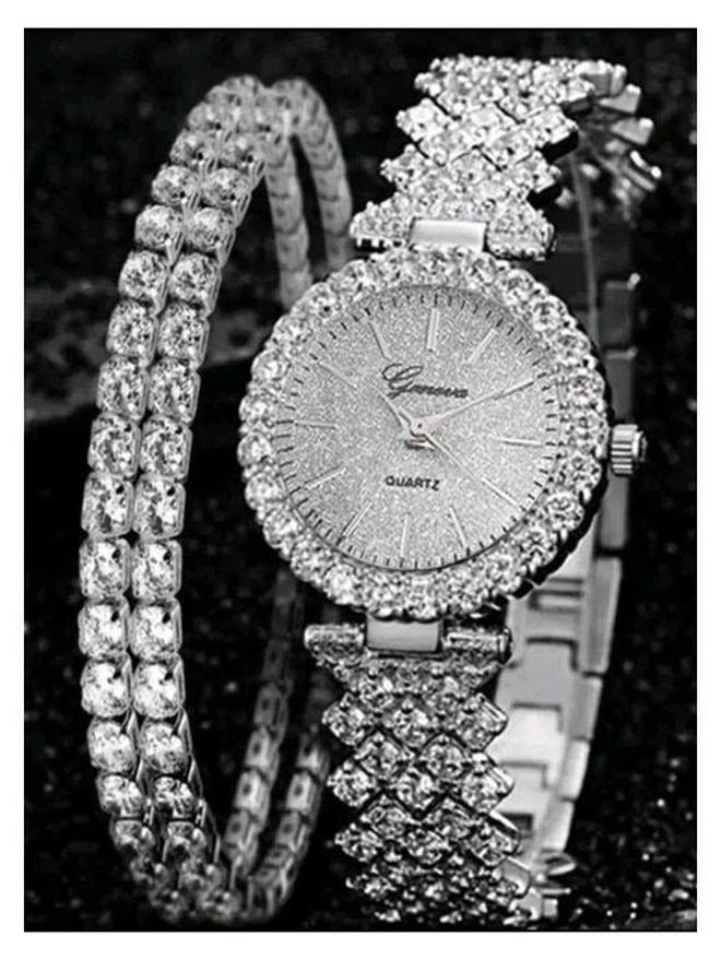 Shein 1pc Rhinestone Decor Quartz Watch & 2pcs Rhinestone Decor Bracelet - Image 1