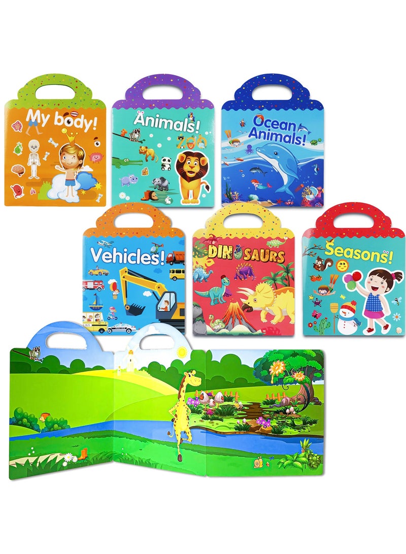6 Set Reusable Sticker Book for Kids, Preschool Learning Activities Quiet Busy Book for Toddler Travel Toys Sticker Book Include Ocean, My Body, Vehicles, Animals, Season, Dinosaur Educational Gifts  - Image 1