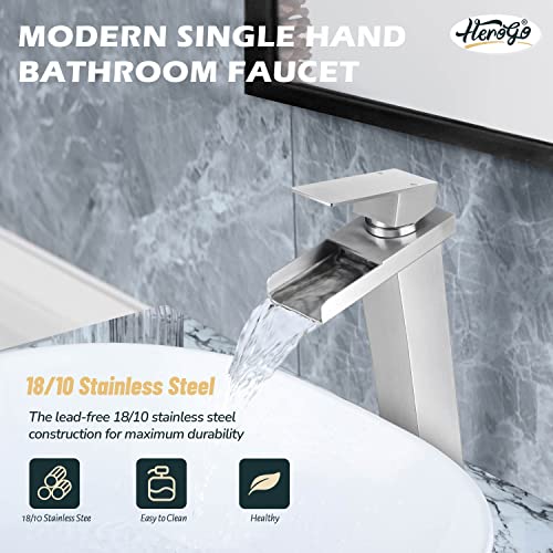 Herogo Bathroom Vessel Sink Faucet, Brushed Nickel Single Handle Tall Waterfall Bathroom Sink Faucet with Pop-up Drain & 2 Supply Lines, for 1 Hole Lavatory Bowl - Image 4