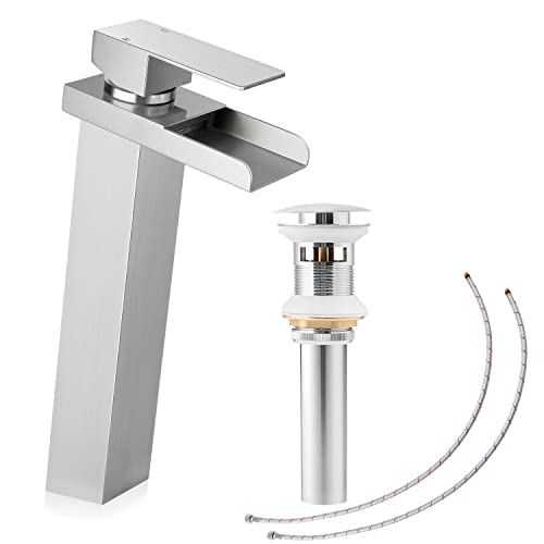 Herogo Bathroom Vessel Sink Faucet, Brushed Nickel Single Handle Tall Waterfall Bathroom Sink Faucet with Pop-up Drain & 2 Supply Lines, for 1 Hole Lavatory Bowl - Image 1