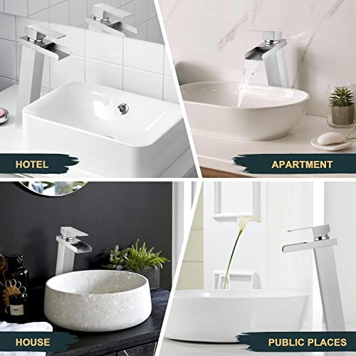 Herogo Bathroom Vessel Sink Faucet, Brushed Nickel Single Handle Tall Waterfall Bathroom Sink Faucet with Pop-up Drain & 2 Supply Lines, for 1 Hole Lavatory Bowl - Image 5