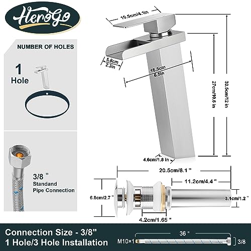 Herogo Bathroom Vessel Sink Faucet, Brushed Nickel Single Handle Tall Waterfall Bathroom Sink Faucet with Pop-up Drain & 2 Supply Lines, for 1 Hole Lavatory Bowl - Image 3