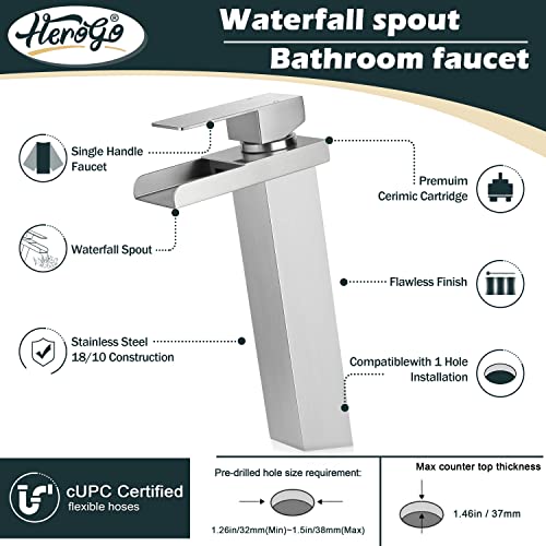 Herogo Bathroom Vessel Sink Faucet, Brushed Nickel Single Handle Tall Waterfall Bathroom Sink Faucet with Pop-up Drain & 2 Supply Lines, for 1 Hole Lavatory Bowl - Image 2