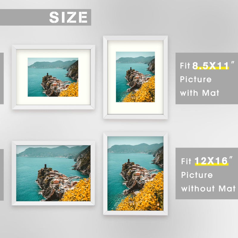 Frametory 12x16 Picture Frame with Mat for 8.5x11 - Composite Wood Frame for Poster Print Diamond Painting Wall Frame - Plexiglass (12x16, White) - Image 3
