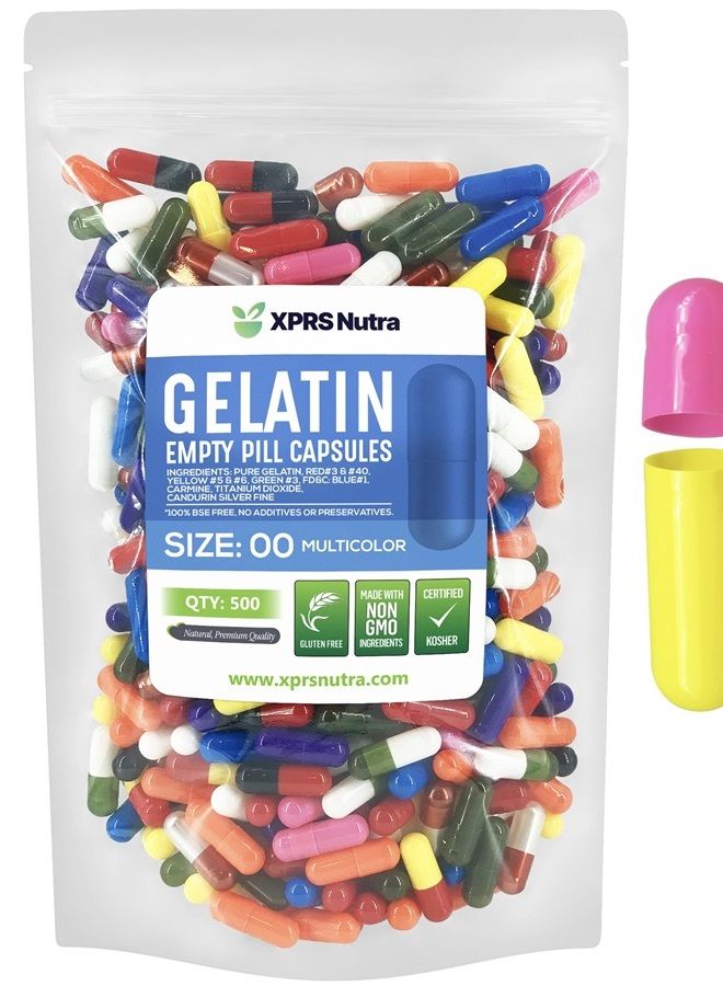 XPRS Nutra Size 00 Empty Capsules - 500 Count Empty Gelatin Capsules - Empty Pill Capsules - DIY Capsule Filling - Fillable Pill Capsules Empty Gel Caps (Multi Color) - Image 1