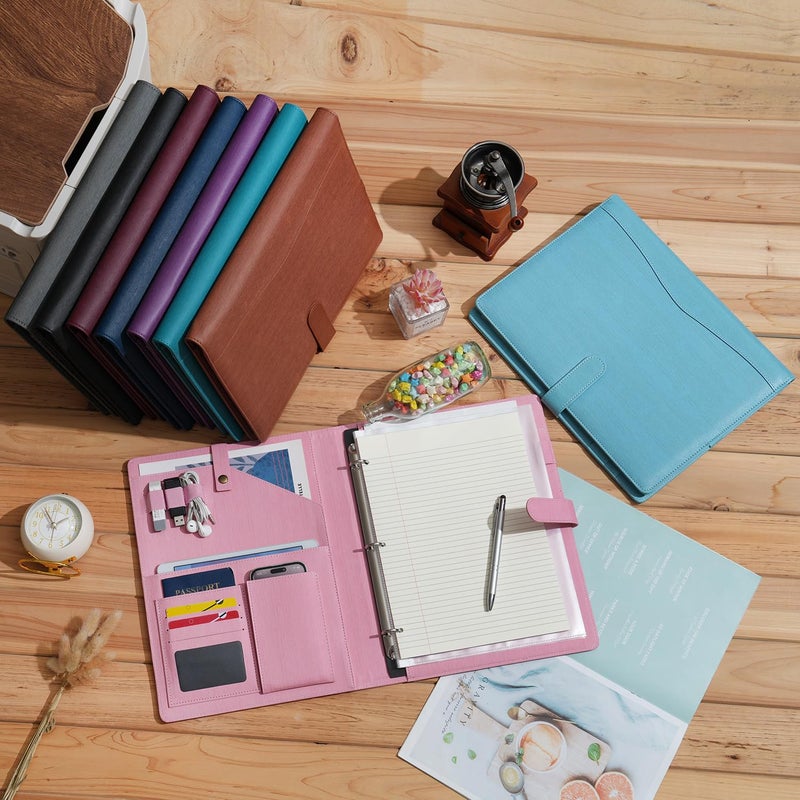 Wonderpool A4 PU Leather Portfolio Holder Ring File Document Case with Removable Binder Clipboard, Multi Pocket and Legal Pad for Business Organizer Interview and Meeting (Light Blue) - Image 5