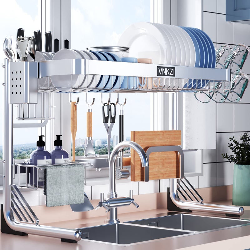 VNKZI Over Sink Dish Drainer Drying Rack 2 Tier Full Stainless Steel Storage Adjustable Length 2598 to 3661 Kitchen Rack Multifunctional Expandable Counter Organizer Space Saver Dish Rack