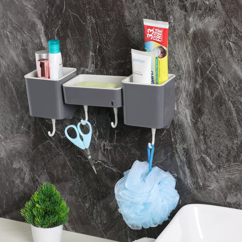 Jinila Toothbrush Holder with Soap Dish and Hanging Hook Wall Mounted Multipurpose Bathroom and Wash Basin Storage Organiser (Pack of 1, Gray and Cream) - Image 2