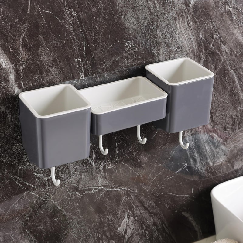 Jinila Toothbrush Holder with Soap Dish and Hanging Hook Wall Mounted Multipurpose Bathroom and Wash Basin Storage Organiser (Pack of 1, Gray and Cream) - Image 5