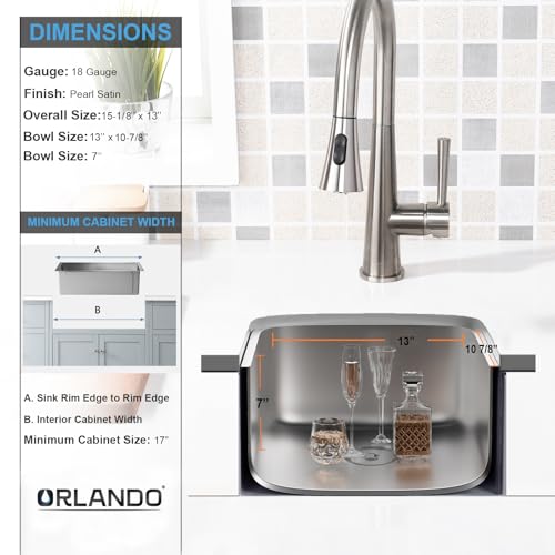 Orlando حوض بار تحت السطح 15'' × 13''، حوض مطبخ صغير من الفولاذ المقاوم للصدأ ORLANDO بعمق 18 قياس مع مصفاة سلة - Image 5