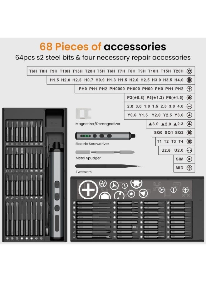 Besswin Mini Electric Screwdriver | 68 in 1 Precision | Cordless | 64 Magnetic Bits 4 Disassembly accessories | USB Rechargeable | Suitable For Repairs Phone Camera Laptop Watch Glasses Clocks Toy - Image 3