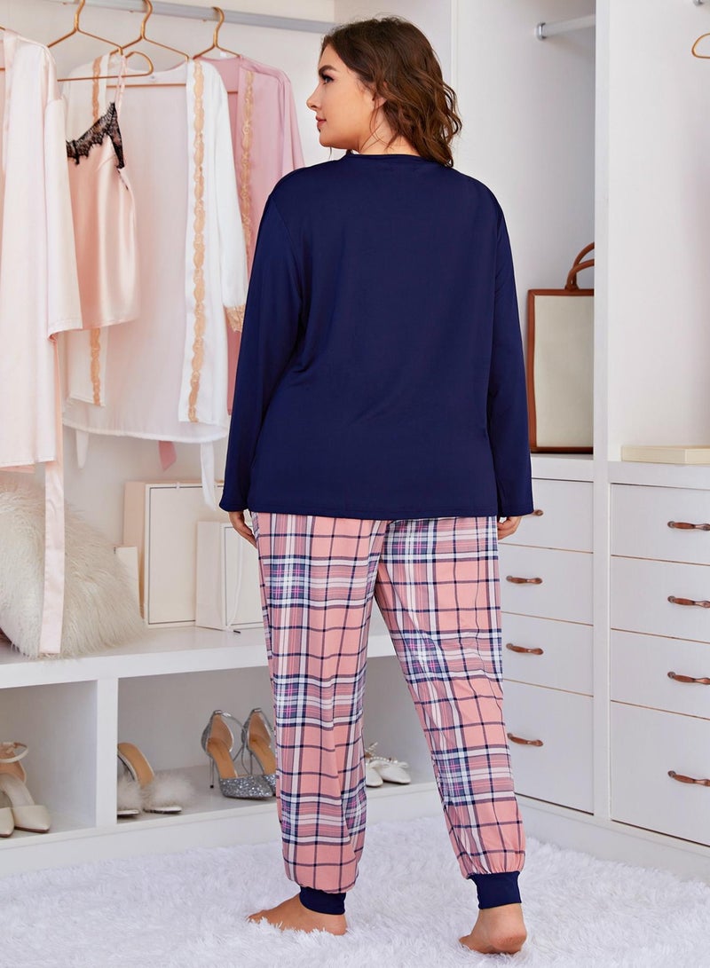 Loquat Women's Checked Pattern 2-Piece Set Pajamas Long Sleeve Top And Pants Soft Loungewear Nightgown Suit Leisure Wear Navy Blue Mix  - Image 3