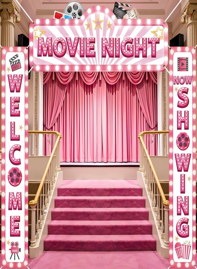TagreSpike 3Pcs Pink Movie Night Porch Banner Decoration Movie Theme Party Decorations Movie Theater Welcome Now Showing Door Banner Porch Sign Door Decor for Girls Film Theater Birthday Party Supplies - Image 5