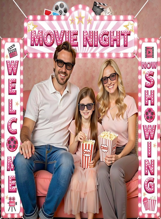 TagreSpike 3Pcs Pink Movie Night Porch Banner Decoration Movie Theme Party Decorations Movie Theater Welcome Now Showing Door Banner Porch Sign Door Decor for Girls Film Theater Birthday Party Supplies - Image 4