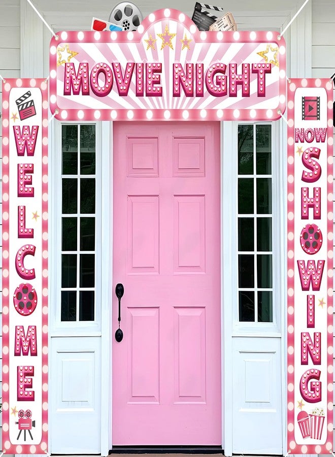 TagreSpike 3Pcs Pink Movie Night Porch Banner Decoration Movie Theme Party Decorations Movie Theater Welcome Now Showing Door Banner Porch Sign Door Decor for Girls Film Theater Birthday Party Supplies - Image 1