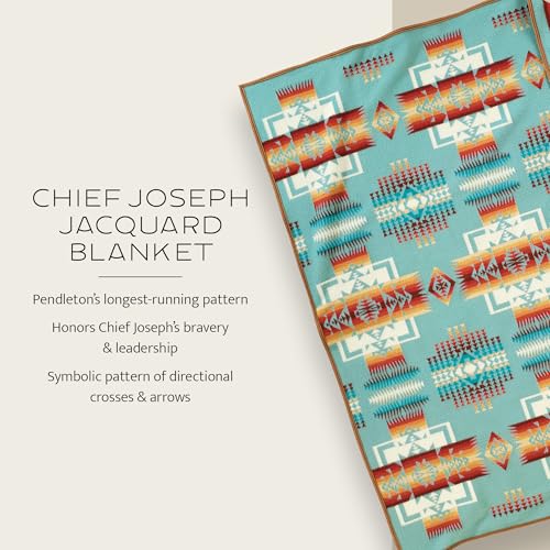 Pendleton بطانية باندلتون تشيف جوزيف جاكار من الصوف 64" × 80"، بطانية قابلة للعكس، حواف من الصوف، قابلة للتنفس، مخملية للنعومة، رائعة للاستخدام في المنزل والسفر - أكوا - Image 2