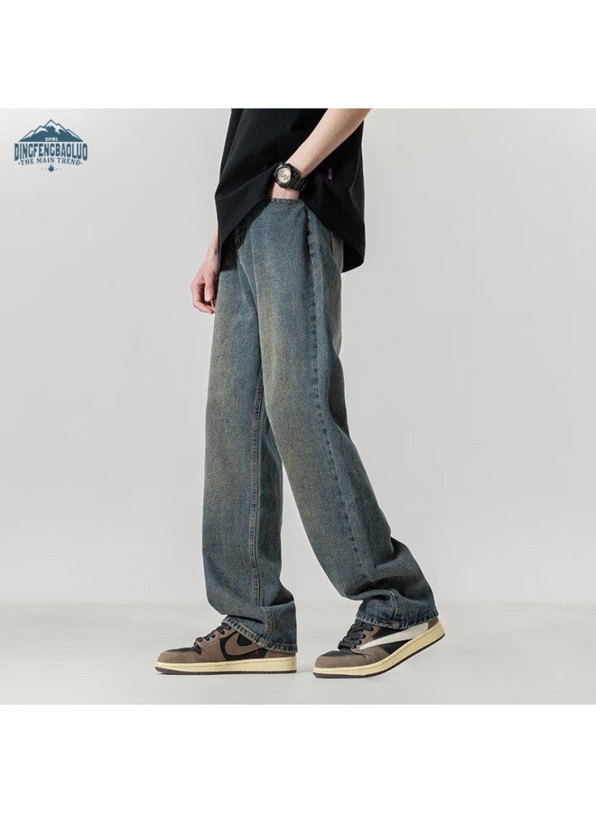 Dingfengbaoluo Stone Washed Vintage Jeans For Men, Loose-fitting Breathable Straight-leg Casual Trousers For Autumn And Winter, 74 Blue XL - Image 2