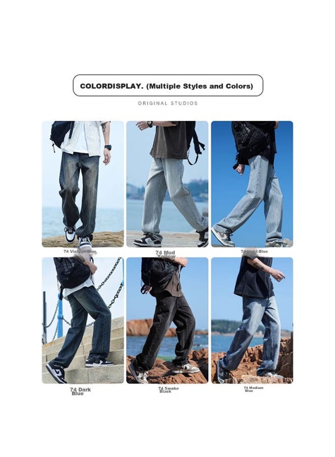 Dingfengbaoluo Stone Washed Vintage Jeans For Men, Loose-fitting Breathable Straight-leg Casual Trousers For Autumn And Winter, 74 Blue XL - Image 5
