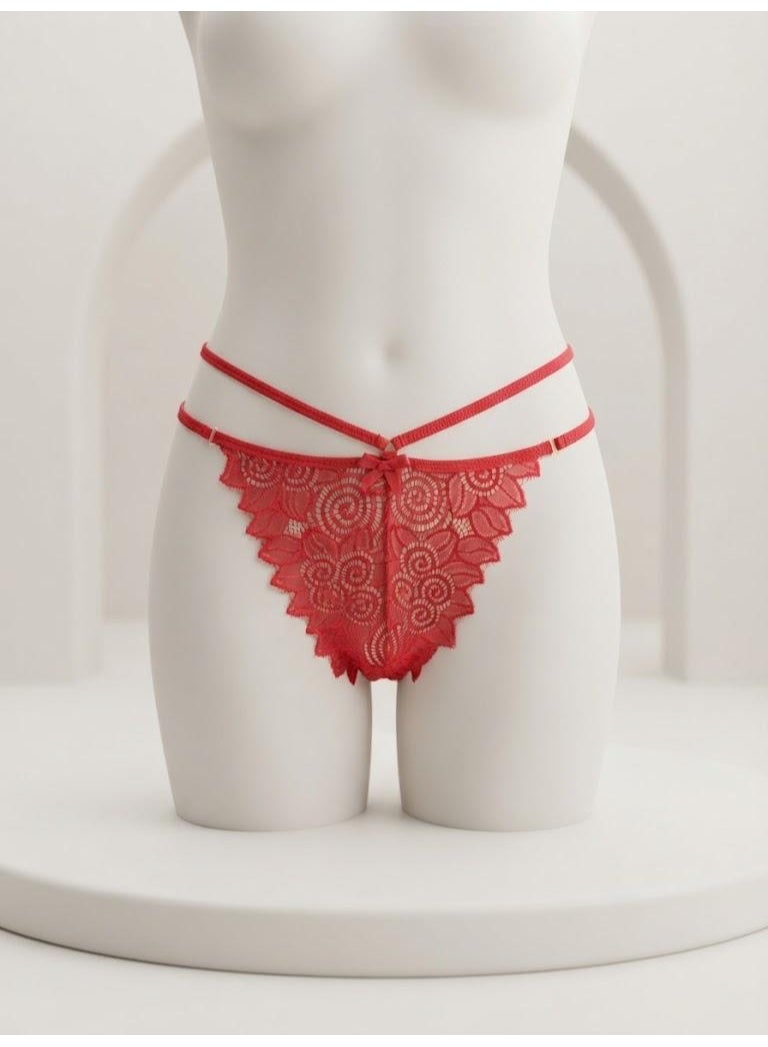 Vibrant Red Cross-Strap Floral Lace Thong