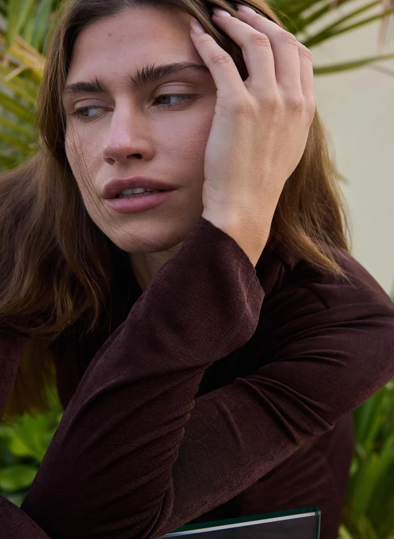 Ashita Fernandes Chocolate Brown Ruched Draped Column Dress – Premium Mesh Full Sleeve Evening & Party Wear Dress