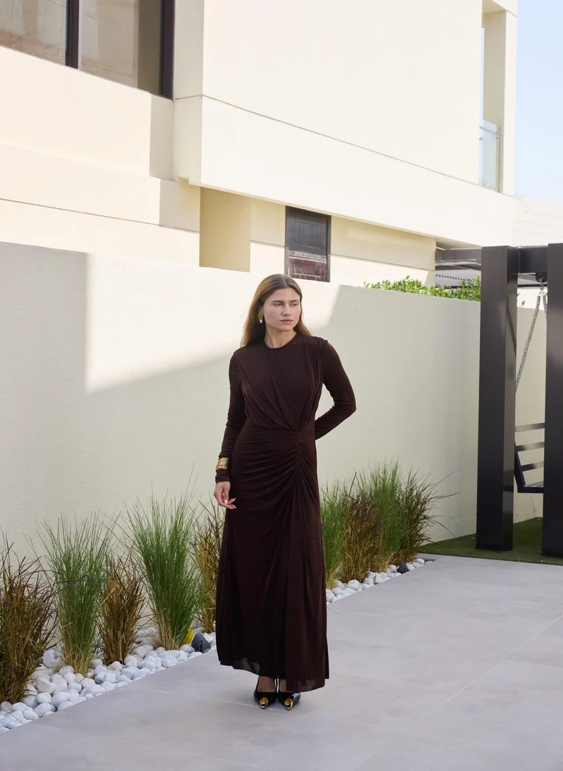 Ashita Fernandes  Chocolate Brown Ruched Draped Column Dress – Premium Mesh Full Sleeve Evening & Party Wear Dress for Women | Best Price UAE