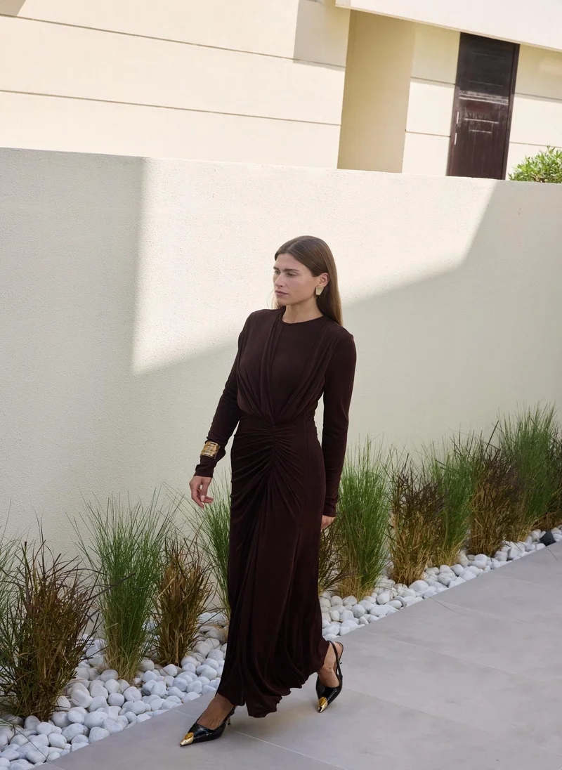 Ashita Fernandes Chocolate Brown Ruched Draped Column Dress – Premium Mesh Full Sleeve Evening & Party Wear Dress