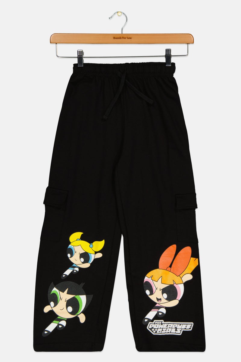 The Powerpuff Girls Kids Girl Graphic Print Cargo Pocket Pants, Black - Image 1