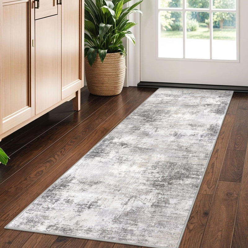 IOHOUZE Abstract Runner Rug 2x5 Ft Washable Runners for Hallways Non Slip Kitchen Runner Printed Faux Wool Entryway Runner Indoor Modern Abstract Floor Carpet for Hall Kitchen Bedroom Grey Beige - Image 2