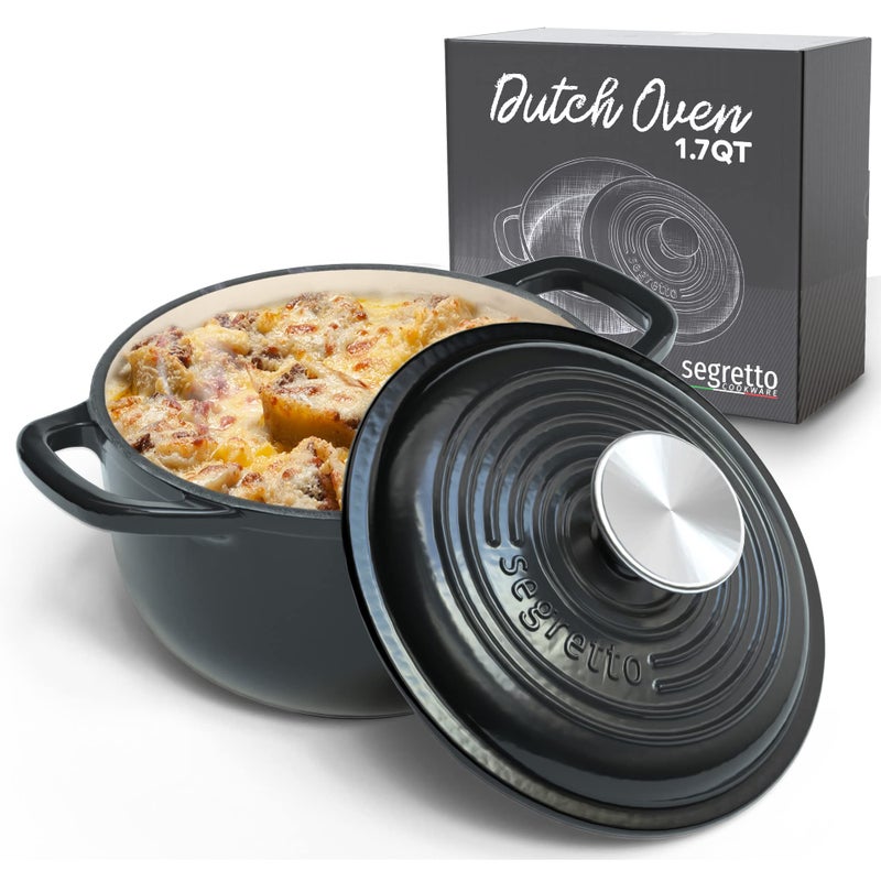 Segretto Cookware Segretto Cookware Enameled Dutch Oven Pot with Lid Cast Iron Nero Black 17 Quarts Enamel Small Cast Iron Dutch Oven for Bread Baking Cooking 