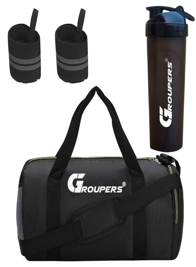 Groupers Gym & Travel Duffle Bag 20-25L - Black Weekender Bag + 700ml Shaker Bottle & 21" Heavy Duty Wrist Wraps, Fitness Combo, Workout Gear & Gym Essentials - Image 1