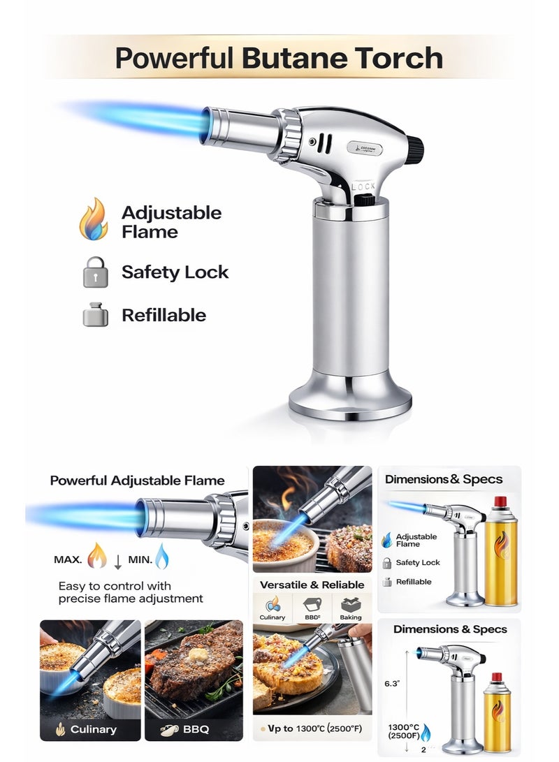 aw Powerful Butane Kitchen Torch – Adjustable Flame Blow Torch with Safety Lock, Refillable Gas Torch for Cooking, BBQ, Baking, Crème Brûlée - Image 2