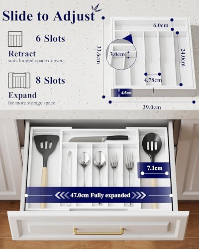 Kitsure Silverware Organizer Expandable Bamboo Kitchen Drawer Organizer for Cooking Utensils and Cutlery Sturdy Thickened Kitchen Organizers and Storage Solution Large White - Image 3