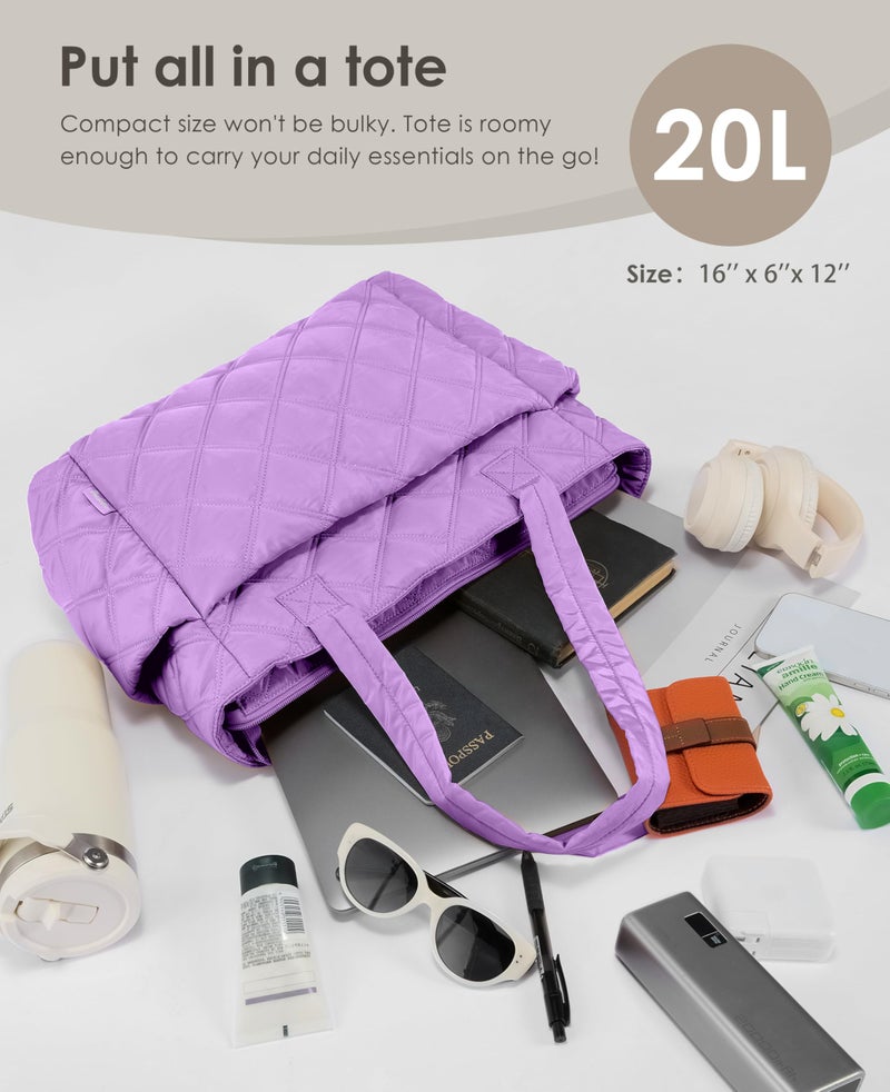 Uselike Tote Bag for Women, Lightweight Puffer Tote Work Bags with Compartments for Travel, Quilted Shoulder Bag with Zipper (Purple) - Image 5