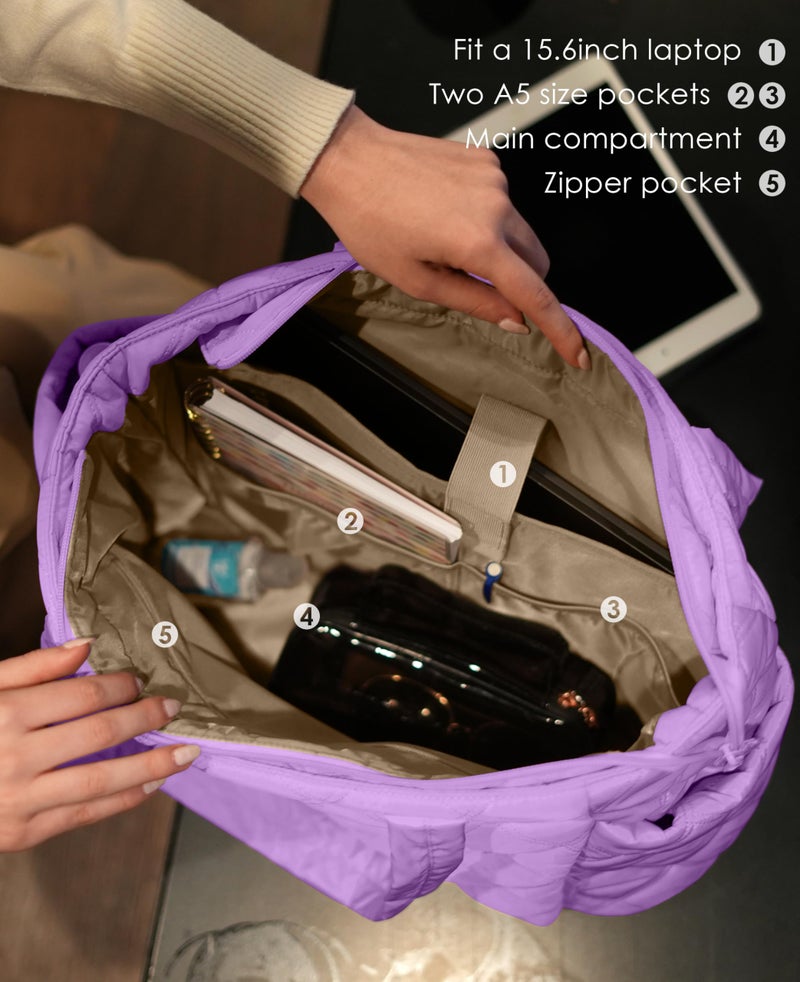 Uselike Tote Bag for Women, Lightweight Puffer Tote Work Bags with Compartments for Travel, Quilted Shoulder Bag with Zipper (Purple) - Image 4