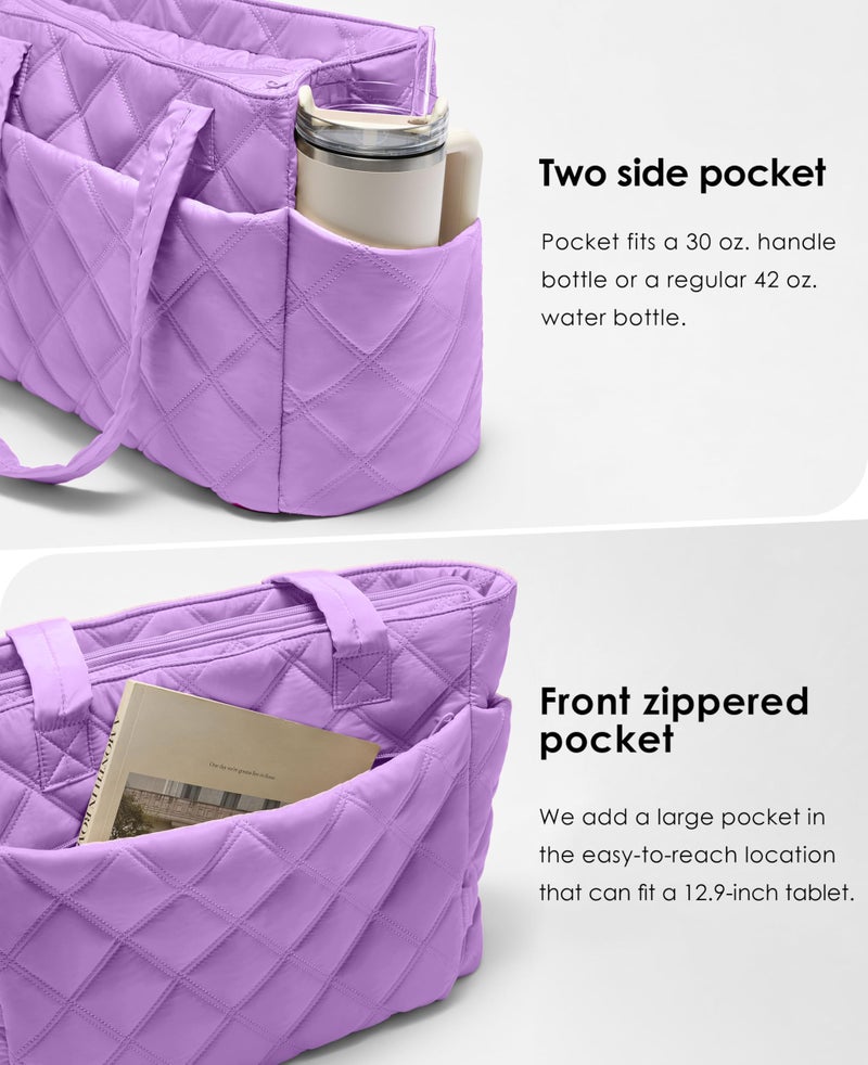 Uselike Tote Bag for Women, Lightweight Puffer Tote Work Bags with Compartments for Travel, Quilted Shoulder Bag with Zipper (Purple) - Image 3