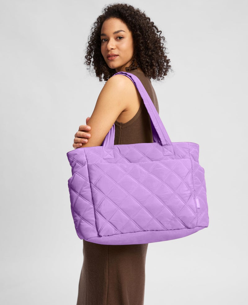 Uselike Tote Bag for Women, Lightweight Puffer Tote Work Bags with Compartments for Travel, Quilted Shoulder Bag with Zipper (Purple) - Image 2