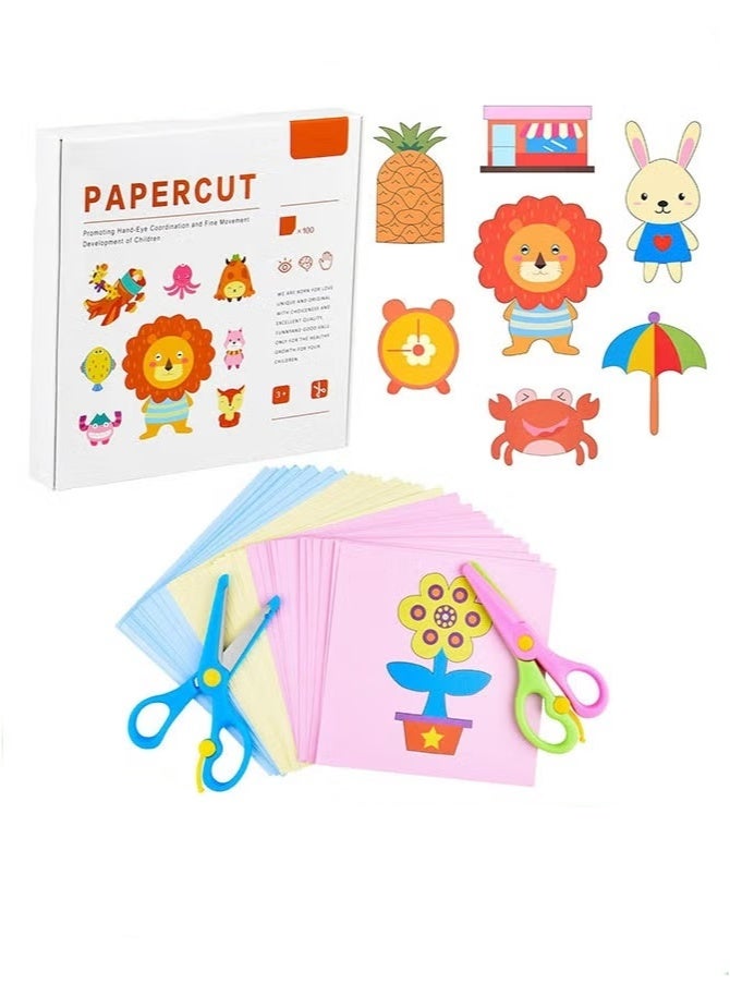100 PCS Paper Cutting set, Paper Cutting set with 2 Kids Safety Scissors, for Paper Craft Supplies, Kids Preschool Training Scissors, Art Craft Plastic Scissors for School Supplies and Scrapbooking  - Image 1