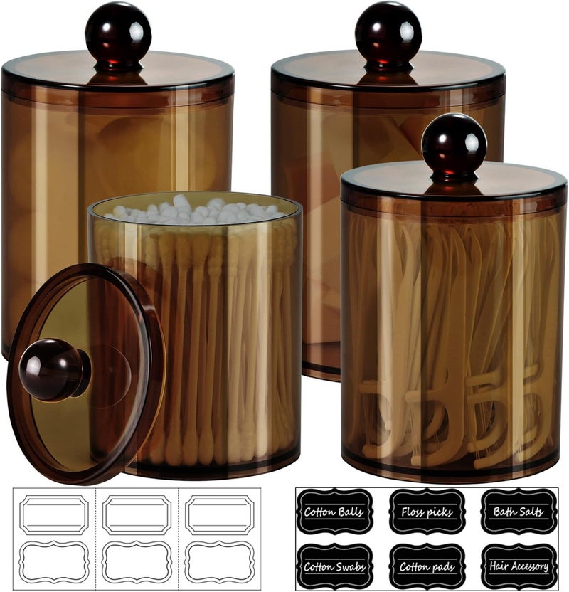 SheeChung 4 Pack Plastic Acrylic Bathroom Vanity Countertop Canister Jars with Storage Lid, Apothecary Jars Qtip Holder Makeup Organizer for Cotton Balls,Swabs,Pads,Bath Salts (Amber) - Image 1