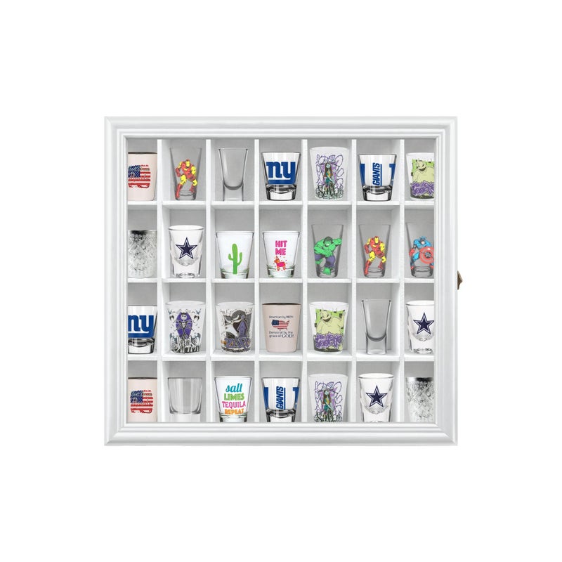 ILOT Shot Glass Display Cabinet Solid Wood  Large Display Case for Collectibles  Man Cave Accessories  UV Protection Acrylic Door  Wall Mounted Black Shadow Box  28 Divided Slots  18 x 16