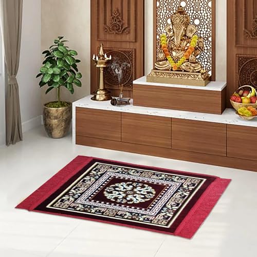 Status Contract Multipurpose Pooja Prayer Mat 18x18 inch Pooja Assan (MEHROON) - Image 1