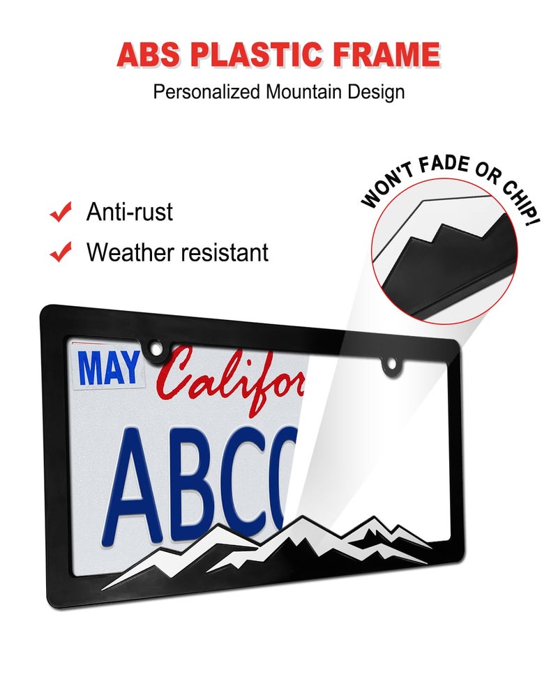 ZXFOOG Mountain License Plate Frames- Plastic Black Car Tag Holder Bracket with Screws Caps, 2 Packs 2 Hole, White on Black, Mountain Vinyl Sticker Included - Image 4