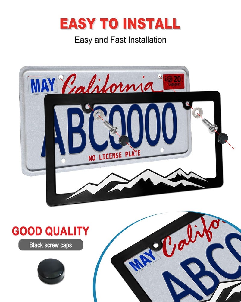 ZXFOOG Mountain License Plate Frames- Plastic Black Car Tag Holder Bracket with Screws Caps, 2 Packs 2 Hole, White on Black, Mountain Vinyl Sticker Included - Image 5