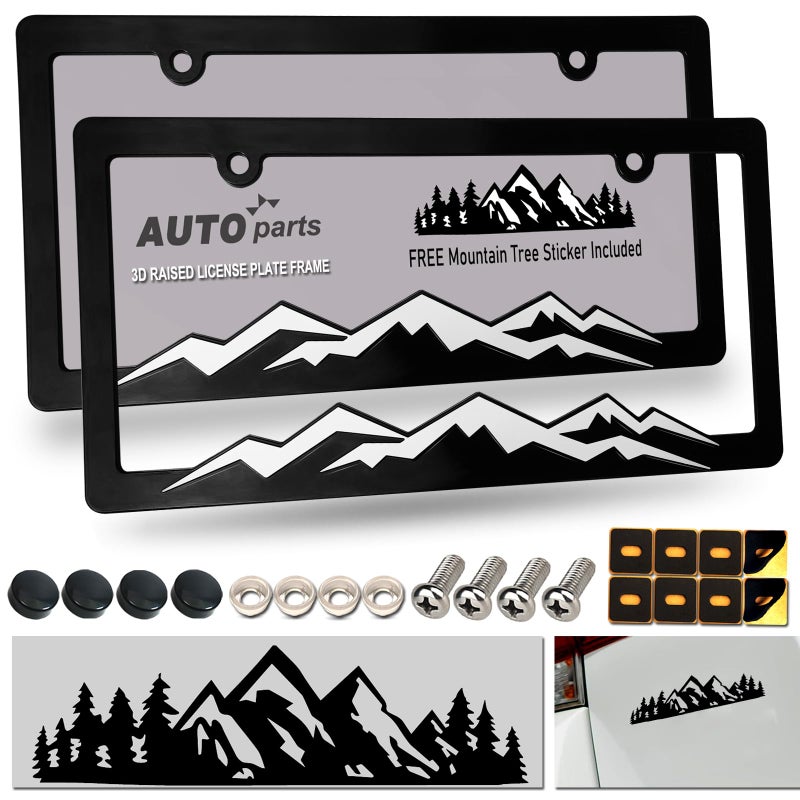 ZXFOOG Mountain License Plate Frames- Plastic Black Car Tag Holder Bracket with Screws Caps, 2 Packs 2 Hole, White on Black, Mountain Vinyl Sticker Included - Image 1