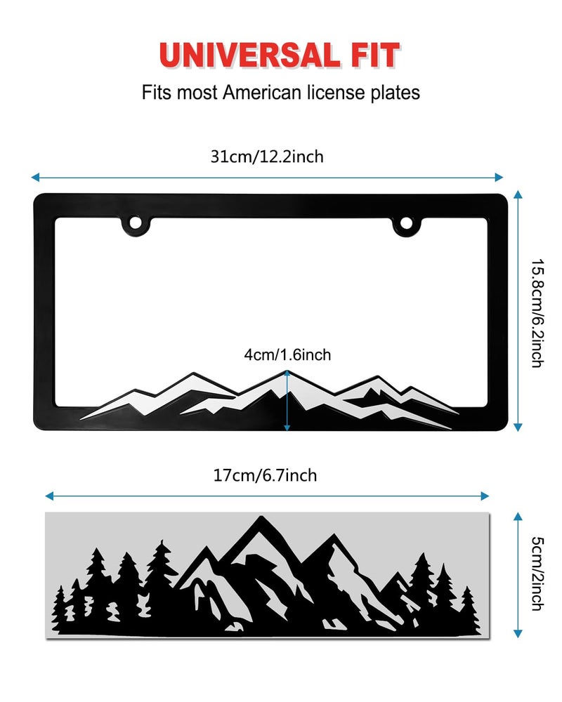 ZXFOOG Mountain License Plate Frames- Plastic Black Car Tag Holder Bracket with Screws Caps, 2 Packs 2 Hole, White on Black, Mountain Vinyl Sticker Included - Image 2