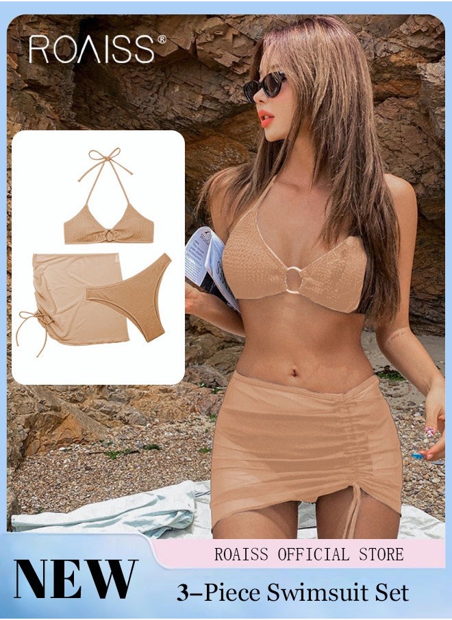 roaiss - 3 Pack Bikini Sets Halter Beachwear Ladies Tankini Swimsuit Hollow Out Beach Skirt Push Up Textured Ring Linked for Swimwear - Image 1
