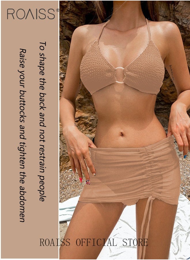 roaiss - 3 Pack Bikini Sets Halter Beachwear Ladies Tankini Swimsuit Hollow Out Beach Skirt Push Up Textured Ring Linked for Swimwear - Image 1