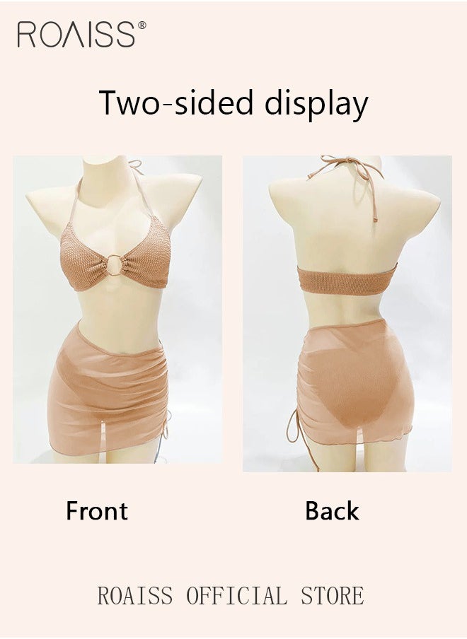 roaiss - 3 Pack Bikini Sets Halter Beachwear Ladies Tankini Swimsuit Hollow Out Beach Skirt Push Up Textured Ring Linked for Swimwear - Image 1